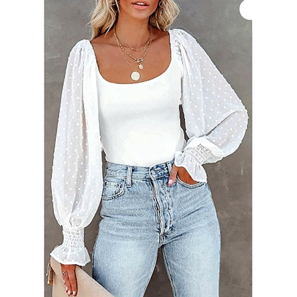 SWISS DOT Lantern Poet Balloon Sleeve Square Neck Bodysuit Top NWT
